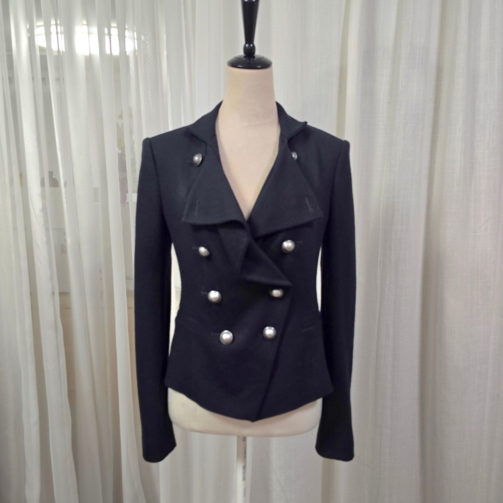 Ann Taylor Black Wool Blend Peplum Blazer Jacket Size 4 Double Breasted Nautical